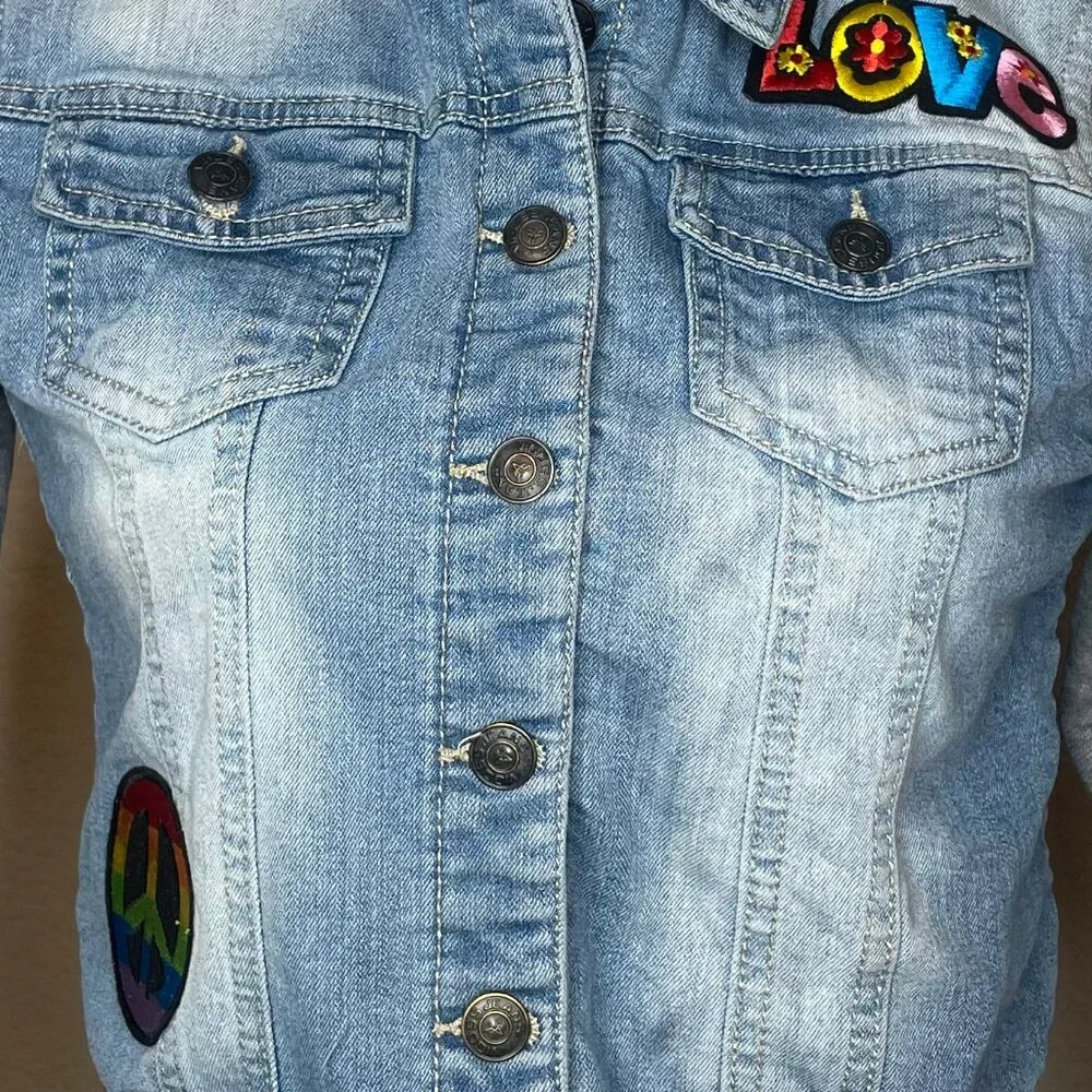 Vigoss Girls Hooded Denim Jacket Size 10 Patches Sherpa Lined Mixed Media